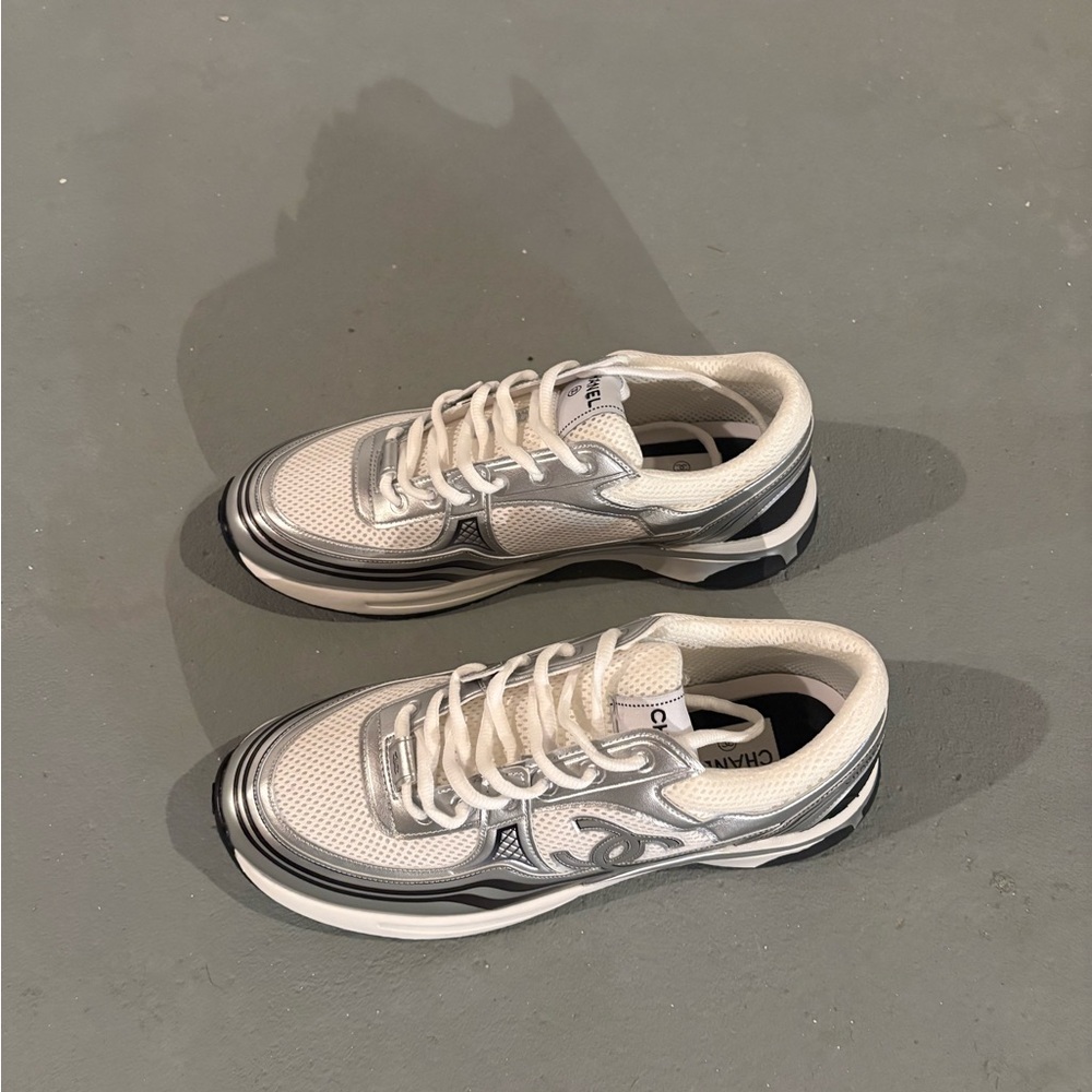 CHANEL Men’s Silver and White Sneakers Size 12 - Picture 2 of 5